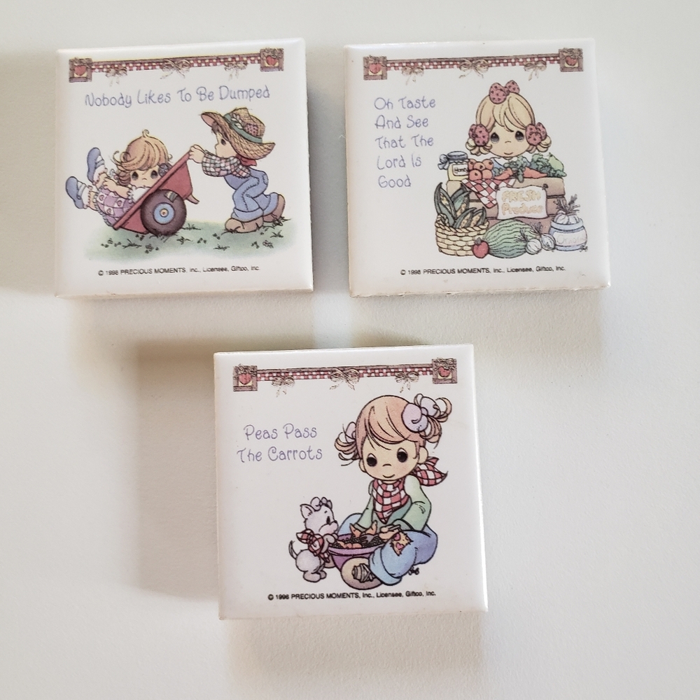 1998 Precious Moments 1.75" Ceramic Tile Magnets Lot of 3 Children Cottagecore